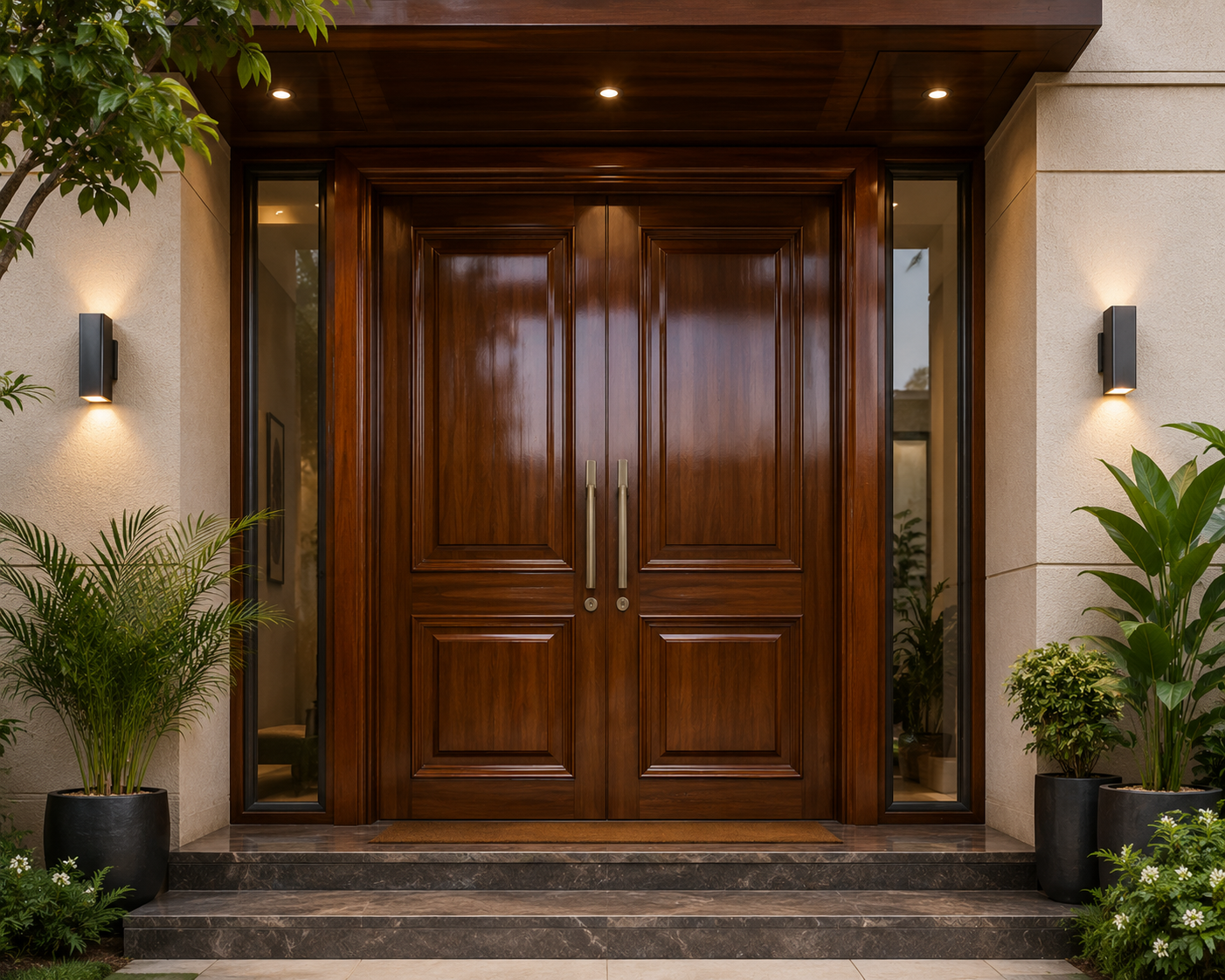 Polished wooden door and fixtures with a rich finish